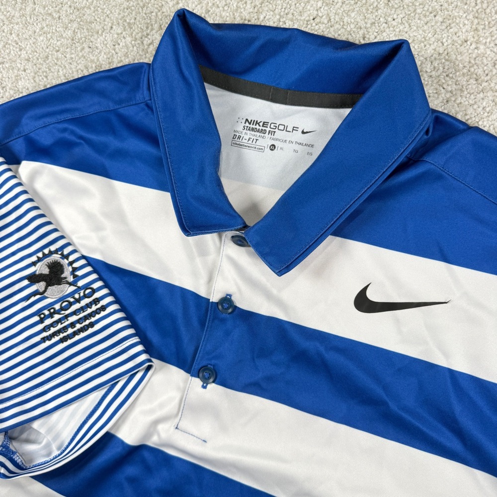 Nike Golf Polo Shirt Mens XL Blue White Striped Dri-Fit Provo Golf Club Logo